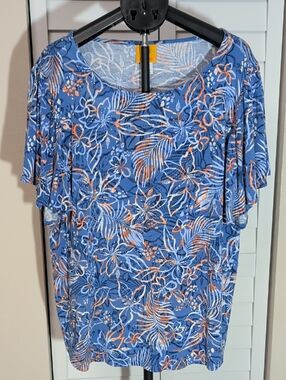 Ruby Rd. Blue Floral Short Sleeve Tee with Coral and White Accents